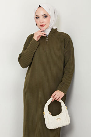 Fitilli Yarım Fermuarlı Triko Elbise Haki HM2520