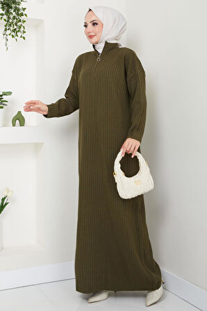 Fitilli Yarım Fermuarlı Triko Elbise Haki HM2520