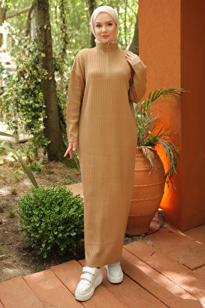 Fitilli Yarım Fermuarlı Triko Elbise Camel HM2520
