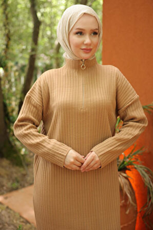 Fitilli Yarım Fermuarlı Triko Elbise Camel HM2520