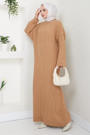 Örgü Desen Triko Elbise Camel HM2526