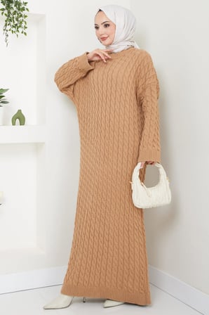 Örgü Desen Triko Elbise Camel HM2526