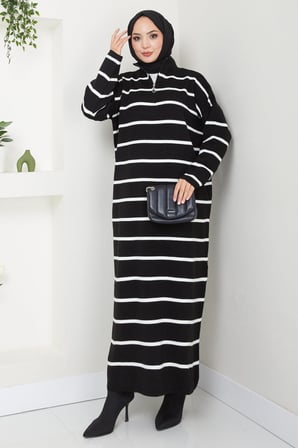 Fermuarlı Çizgili Triko Elbise Siyah HM2528