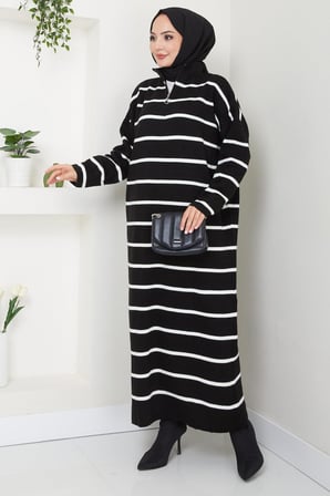 Fermuarlı Çizgili Triko Elbise Siyah HM2528