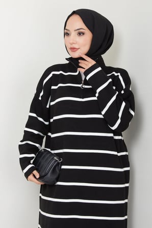 Fermuarlı Çizgili Triko Elbise Siyah HM2528