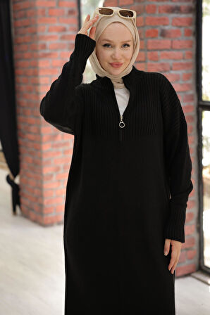 Fermuarlı Uzun Triko Tunik Siyah HM2529