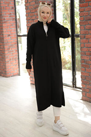 Fermuarlı Uzun Triko Tunik Siyah HM2529