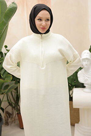 Fermuarlı Uzun Triko Tunik Beyaz HM2529