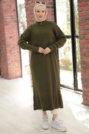 Fermuarlı Uzun Triko Tunik Haki HM2529