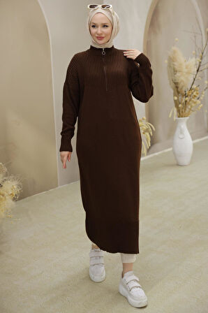 Fermuarlı Uzun Triko Tunik Kahverengi HM2529