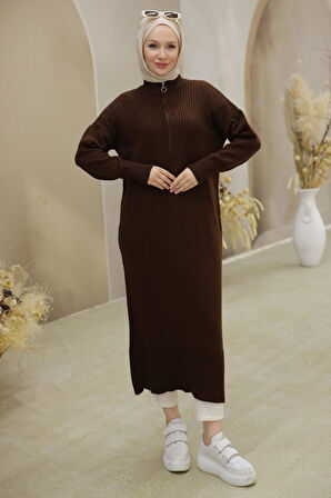 Fermuarlı Uzun Triko Tunik Kahverengi HM2529