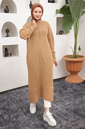 Fermuarlı Uzun Triko Tunik Camel HM2529