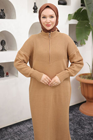 Fermuarlı Uzun Triko Tunik Camel HM2529