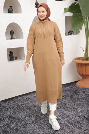 Fermuarlı Uzun Triko Tunik Camel HM2529