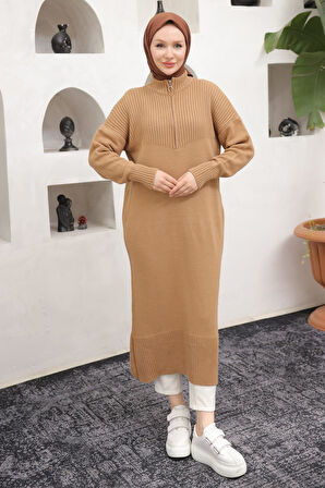 Fermuarlı Uzun Triko Tunik Camel HM2529