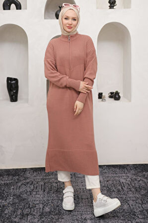 Fermuarlı Uzun Triko Tunik Gül Kurusu Rengi HM2529
