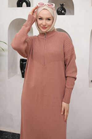 Fermuarlı Uzun Triko Tunik Gül Kurusu Rengi HM2529