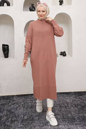 Fermuarlı Uzun Triko Tunik Gül Kurusu Rengi HM2529