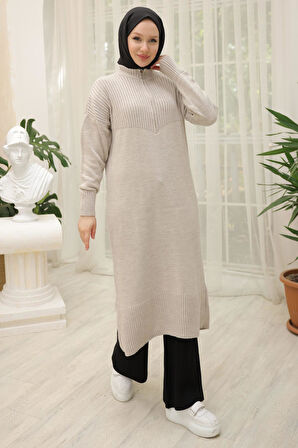 Fermuarlı Uzun Triko Tunik Taş Rengi HM2529