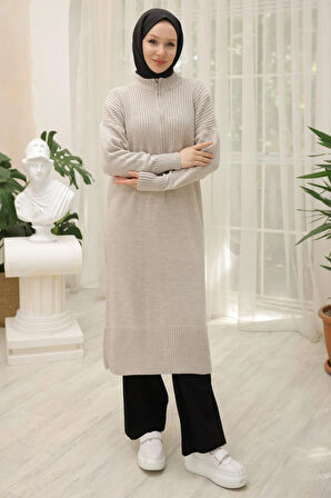 Fermuarlı Uzun Triko Tunik Taş Rengi HM2529