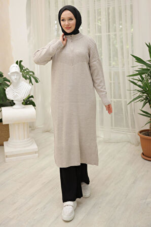 Fermuarlı Uzun Triko Tunik Taş Rengi HM2529
