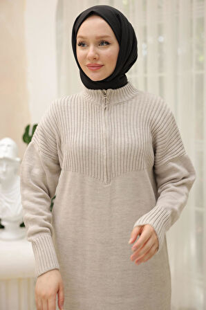 Fermuarlı Uzun Triko Tunik Taş Rengi HM2529