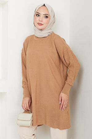 Yırtmaçlı Bisiklet Yaka Triko Tunik Camel HM2533