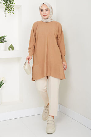 Yırtmaçlı Bisiklet Yaka Triko Tunik Camel HM2533