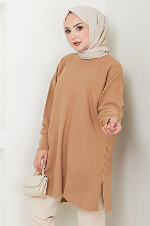 Yırtmaçlı Bisiklet Yaka Triko Tunik Camel HM2533