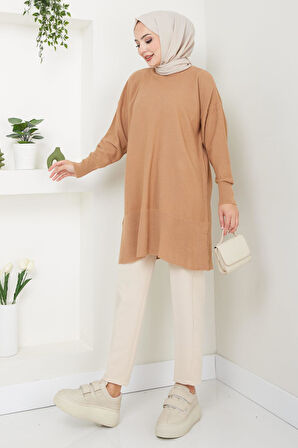 Yırtmaçlı Bisiklet Yaka Triko Tunik Camel HM2533