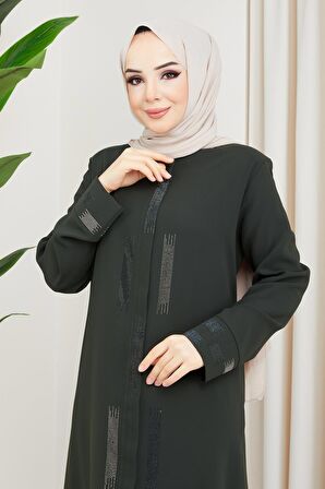 Taş Detaylı Büyük Beden Ferace Haki