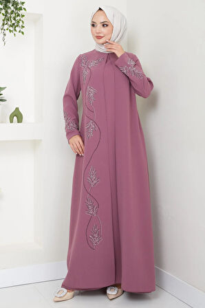 Büyük Beden Yaprak Taşlı Anne Elbisesi Gül Kurusu HM2350