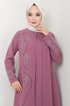 Büyük Beden Yaprak Taşlı Anne Elbisesi Gül Kurusu HM2350