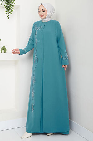 Büyük Beden Yaprak Taşlı Anne Elbisesi Mint HM2350
