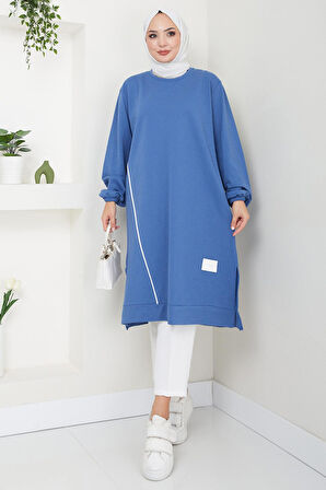 Biye Detaylı Uzun Sweatshirt Tunik İndigo HM2508