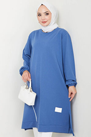Biye Detaylı Uzun Sweatshirt Tunik İndigo HM2508