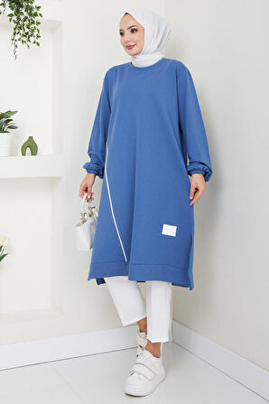 Biye Detaylı Uzun Sweatshirt Tunik İndigo HM2508