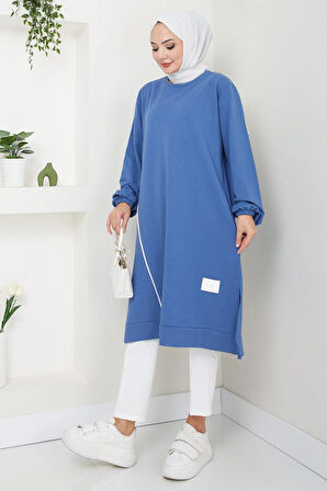 Biye Detaylı Uzun Sweatshirt Tunik İndigo HM2508