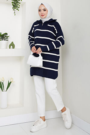 Yakası Fermuarlı Çizgili Triko Tunik Lacivert HM2594
