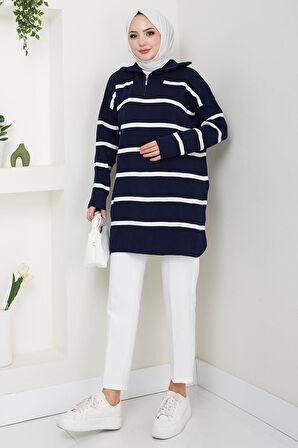 Yakası Fermuarlı Çizgili Triko Tunik Lacivert HM2594