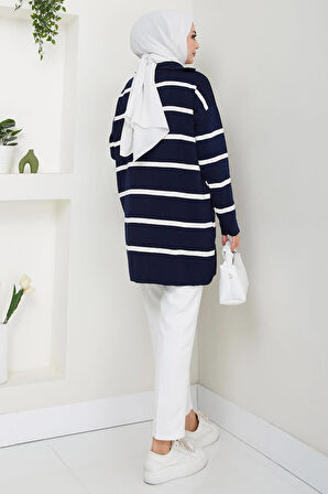 Yakası Fermuarlı Çizgili Triko Tunik Lacivert HM2594