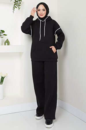 Çoban Nakışlı Üç İplik Şardonlu Kapşonlu Eşofman Takımı Siyah HM2579