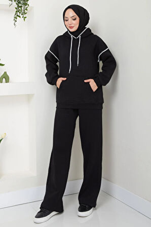Çoban Nakışlı Üç İplik Şardonlu Kapşonlu Eşofman Takımı Siyah HM2579