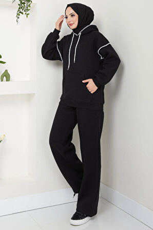 Çoban Nakışlı Üç İplik Şardonlu Kapşonlu Eşofman Takımı Siyah HM2579