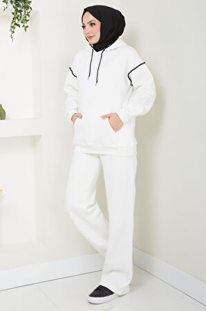 Çoban Nakışlı Üç İplik Şardonlu Kapşonlu Eşofman Takımı Beyaz HM2579