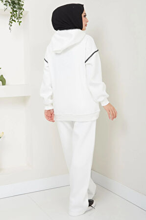 Çoban Nakışlı Üç İplik Şardonlu Kapşonlu Eşofman Takımı Beyaz HM2579