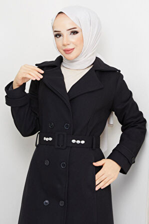 Kemeri Taşlı Düğmeli Kaşe Kaban Siyah HM2590