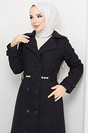 Kemeri Taşlı Düğmeli Kaşe Kaban Siyah HM2590