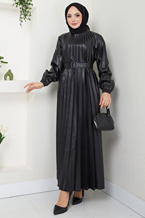 Kemerli Piliseli Deri Elbise Siyah HM2601