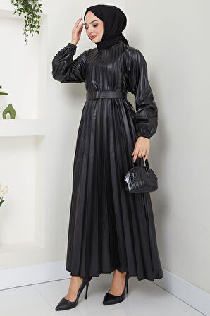 Kemerli Piliseli Deri Elbise Siyah HM2601